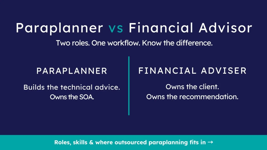 Comparison banner showing paraplanner vs financial advisor roles and responsibilities.