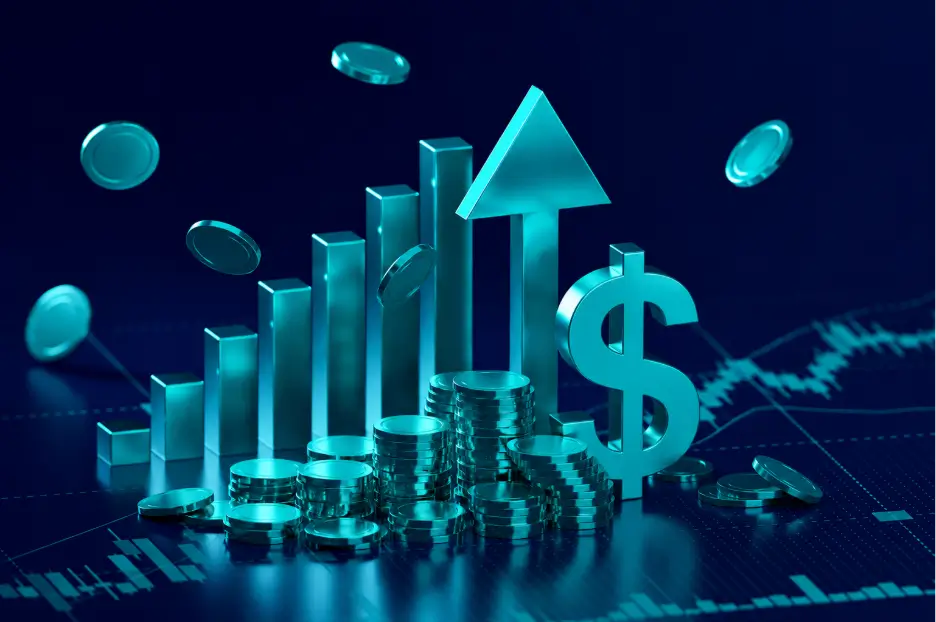 3D rendered financial concept illustration featuring a metallic teal bar chart showing growth, stacks of shiny coins, a large dollar sign, a rising arrow, and floating coins over a dark blue stock market line graph background.