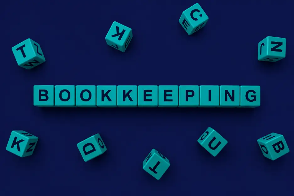 The word "BOOKKEEPING" spelled out with teal blue letter blocks lined up horizontally in the center against a dark navy blue background, surrounded by scattered, random letter blocks.