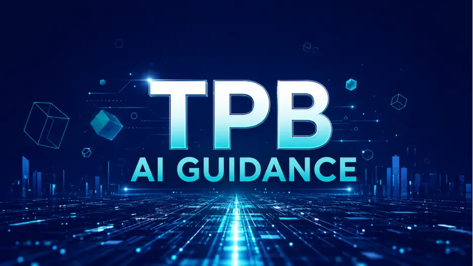 A digital graphic with a futuristic, glowing blue tech background featuring geometric shapes and light streaks. The large, bold white text "TPB" sits above the smaller, neon-blue text "AI GUIDANCE.