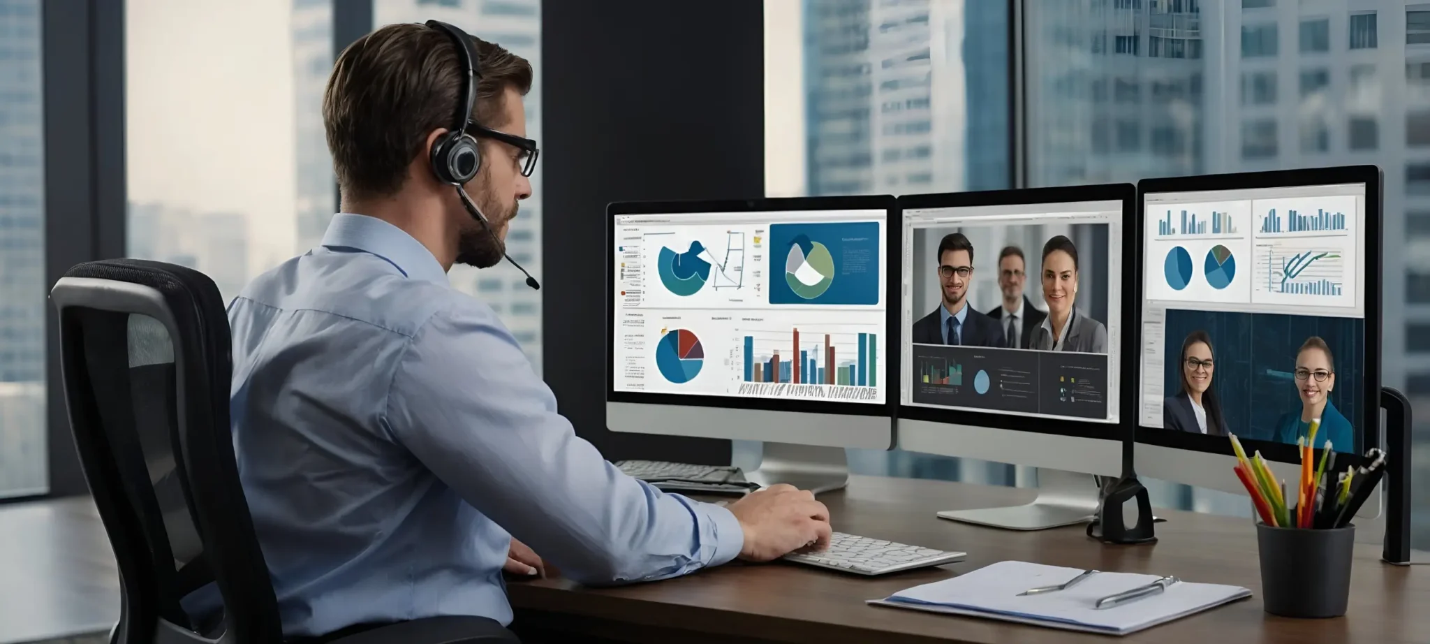 Man working at computer with multiple financial dashboards