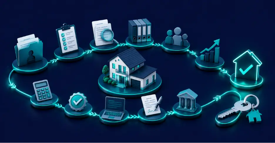 Mortgage loan processing workflow showing documents, verification, approvals, property, and closing steps
