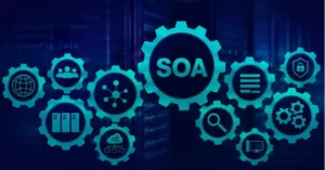 SOA service-oriented architecture concept with interconnected technology and security gears