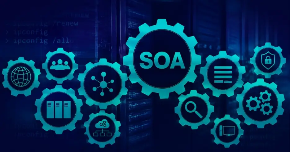 SOA service-oriented architecture concept with interconnected technology and security gears