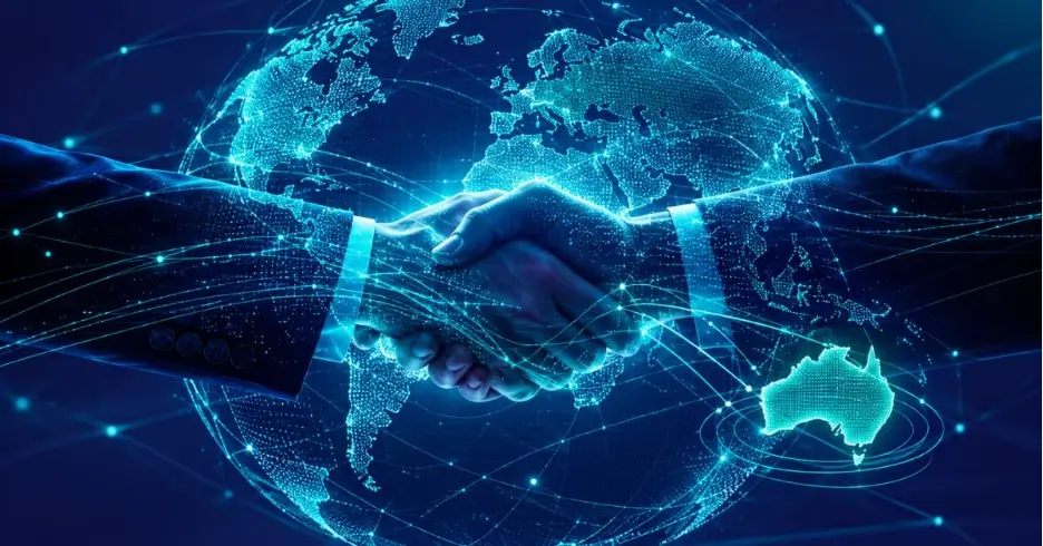 A digital, neon-blue illustration of two business suits shaking hands in front of a glowing, holographic globe covered in network connection lines, with a highlighted map of Australia visible in the foreground.
