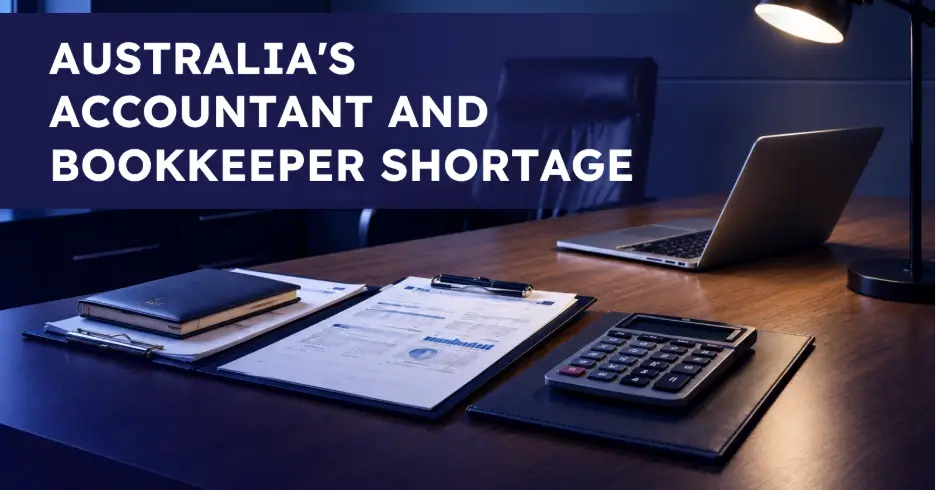 Australia accountant and bookkeeper shortage illustrated with accounting documents, calculator and laptop in a professional office setting.