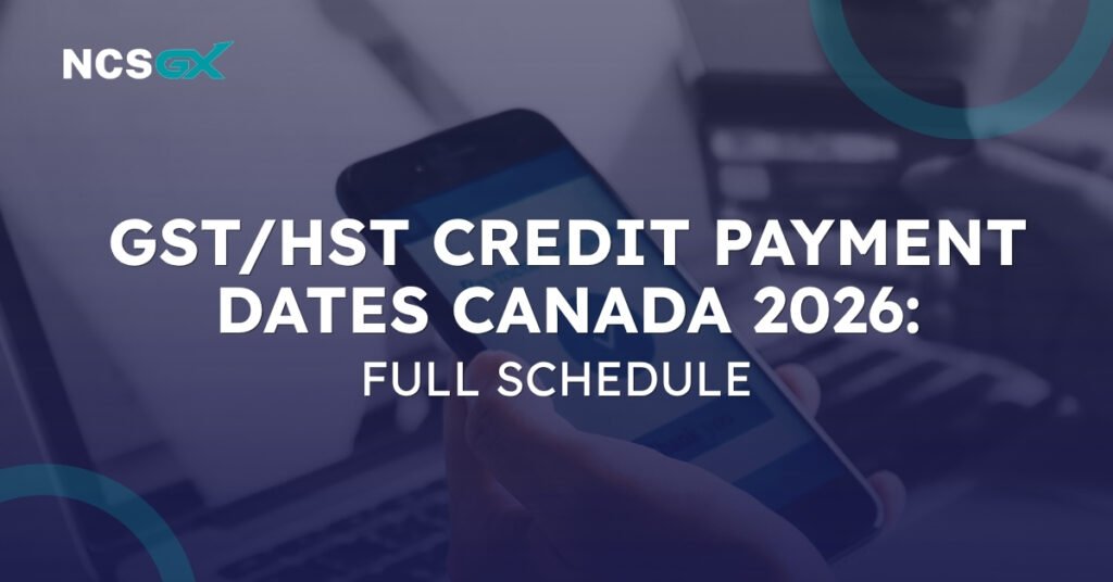 GST/HST credit payment dates Canada 2026 infographic showing quarterly schedule, CRA benefits timeline, and payment details
