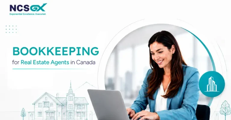 An promotional banner for real estate bookkeeping services in Canada by NCSG X, featuring a smiling businesswoman working on her laptop next to an illustration of a house.