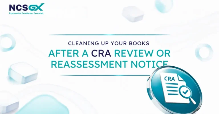 NCSGX graphic about cleaning up books after a CRA review or reassessment notice, featuring a CRA document and magnifying glass icon.