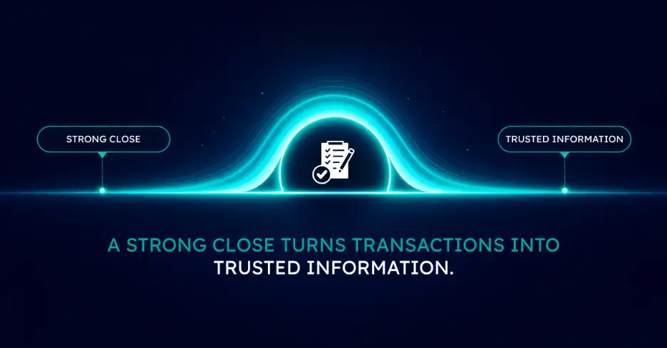 A dark blue graphic featuring a glowing cyan horizon and a central checklist icon, with text reading "A strong close turns transactions into trusted information.