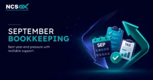 Graphic promoting September bookkeeping support for year-end preparation.
