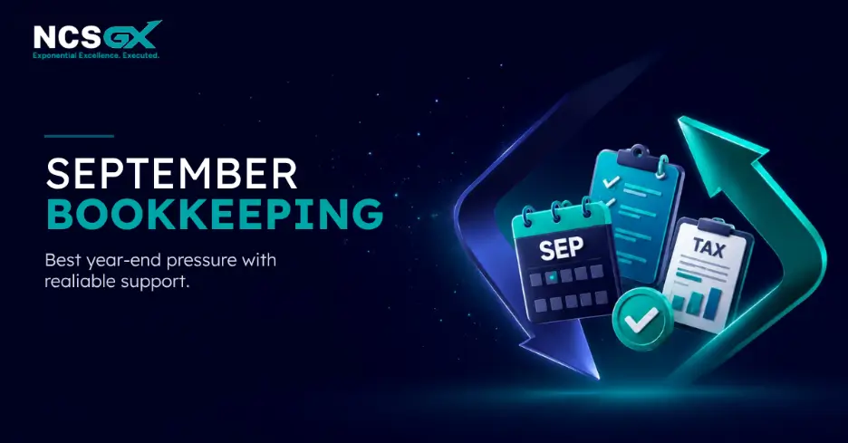 Graphic promoting September bookkeeping support for year-end preparation.
