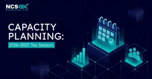 Capacity planning graphic for the 2026–2027 tax season featuring a digital calendar, workload chart, and team illustration.