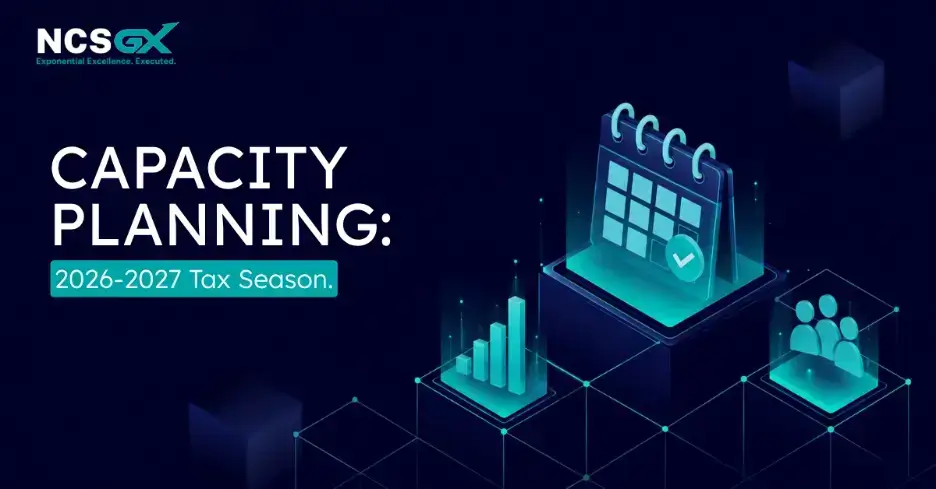 Capacity planning graphic for the 2026–2027 tax season featuring a digital calendar, workload chart, and team illustration.