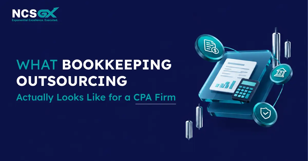 A dark blue promotional graphic with the NCSGX logo that reads, "What BOOKKEEPING OUTSOURCING Actually Looks Like for a CPA Firm." The right side features a futuristic 3D graphic of a digital tablet with financial charts, a calculator, and security icons.