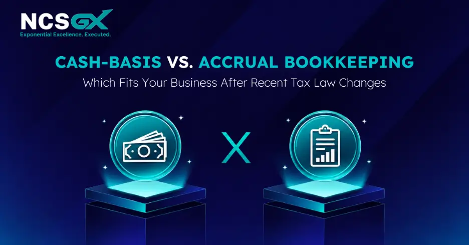 Cash basis vs. accrual bookkeeping comparison showing two accounting methods after recent tax law changes.