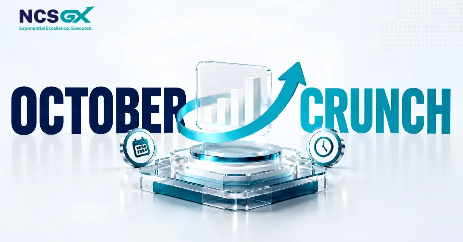 OCTOBER CRUNCH text graphic featuring the NCSGX logo in the top left corner with the tagline "Exponential Excellence. Executed." The center displays a glass-like pedestal holding a bar chart with a light blue arrow curving upward around it. Small metallic icons representing a calendar and a clock flank the central pedestal.