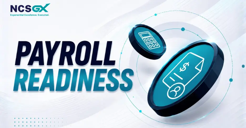A promotional graphic featuring the logo for NCSGX alongside the bold text "PAYROLL READINESS" in shades of dark and light blue. To the right, two glossy, blue metallic coins float dynamically, displaying simple line icons of a calculator and a payroll document with a dollar sign.