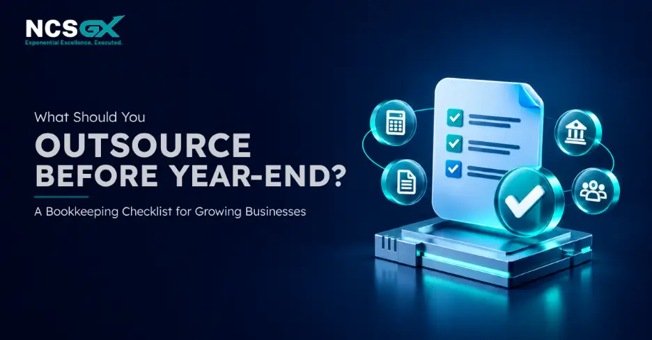 Promotional graphic titled "What Should You Outsource Before Year-End?" featuring a 3D digital checklist document surrounded by icons representing finance, accounting, and business teams.