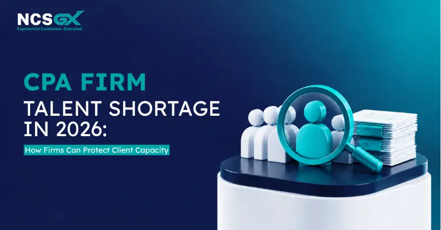 Graphic banner titled "CPA Firm Talent Shortage in 2026: How Firms Can Protect Client Capacity" featuring a magnifying glass focusing on miniature figures and a stack of documents on a dark blue background.