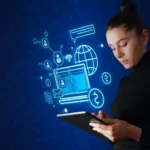 Hero banner promoting global TMT connectivity consulting, showing a consultant using a tablet with digital network and globe icons and a “Contact Our Experts” call-to-action.