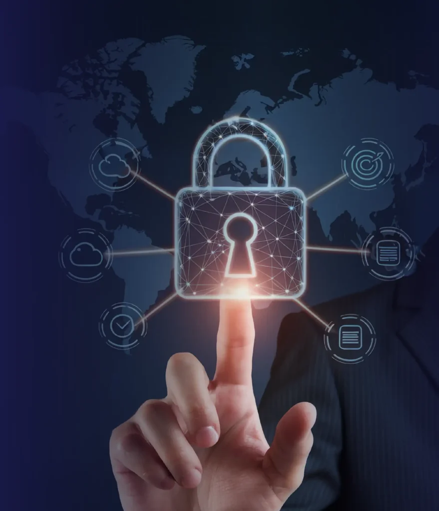 Information security and data privacy webpage section featuring ISO 27001:2013 certification text and a hand touching a digital padlock icon on a global network background.