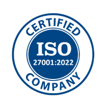 ISO 27001:2022 certified company badge showing information security management certification.
