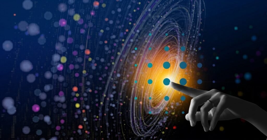 Hand interacting with a glowing AI data interface representing digital transformation