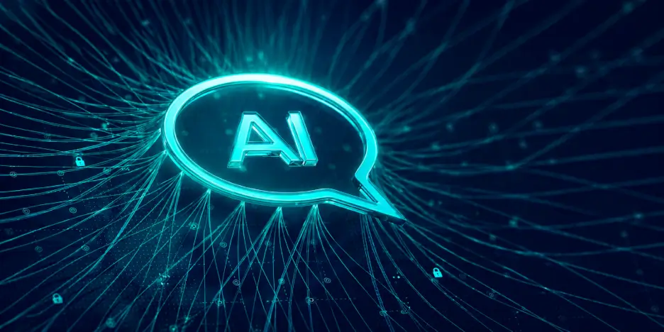 A glowing blue digital speech bubble containing the letters AI, connected to a complex neural network of thin lines and padlock icons on a dark background.