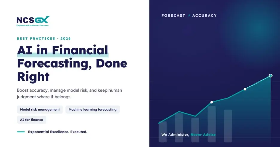 NCSGX 2026 Best Practices graphic titled "AI in Financial Forecasting, Done Right" featuring an upward-trending forecast accuracy line graph and data tags for model risk management.