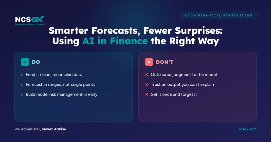 Infographic titled "Smarter Forecasts, Fewer Surprises: Using AI in Finance the Right Way" by NCSGX, outlining Do's and Don'ts for financial AI forecasting, including data reconciliation and human judgment guidelines.