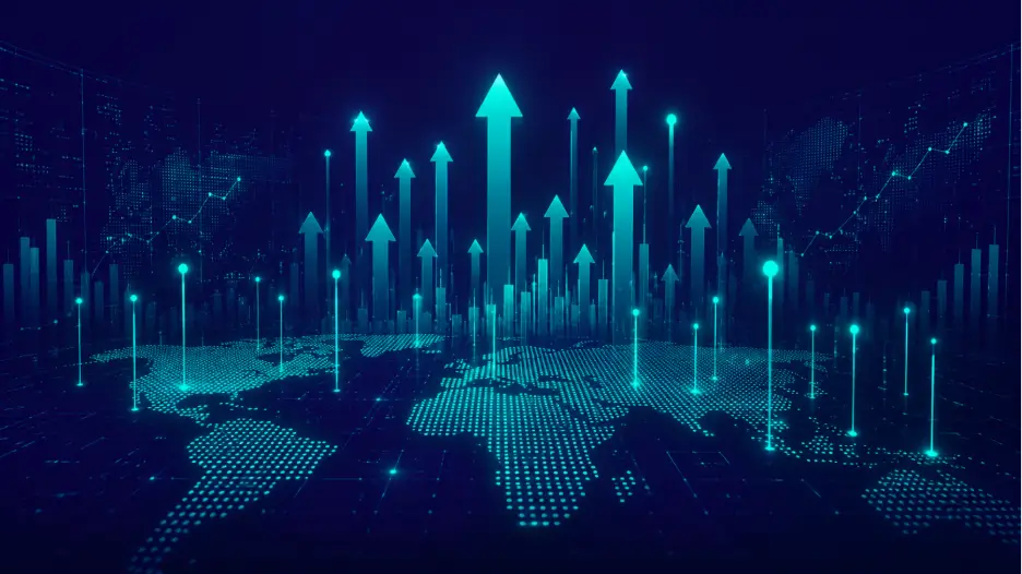 Futuristic digital world map overlay with rising glowing teal arrows and financial data bar charts representing global economic growth, stock market trends, or technological advancement.