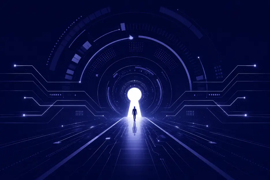 Futuristic cybersecurity keyhole gateway.