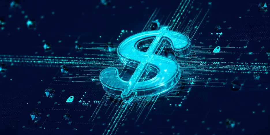 An abstract digital illustration featuring a glowing, translucent cyan dollar sign centerpiece.The background consists of dark blue circuitry, data stream lines, and small padlock icons.