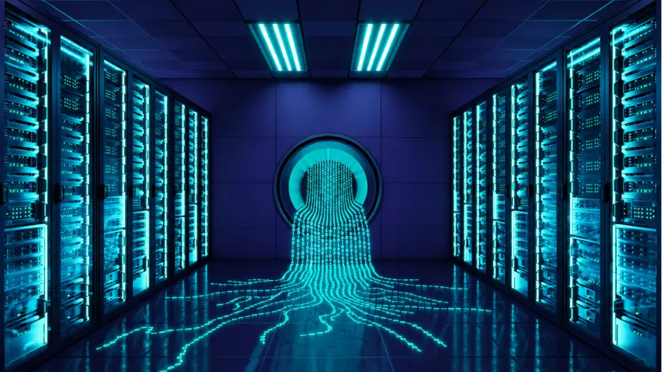 An indoor server room with rows of glowing cyan data racks on both sides, featuring a central circular portal from which a digital waterfall of glowing blue and green binary code flows onto the floor like roots.