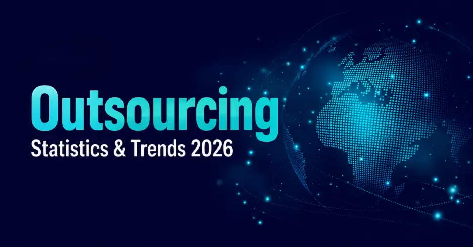 Outsourcing Statistics & Trends 2026 — NCSGX report cover featuring a digital globe and global outsourcing theme.